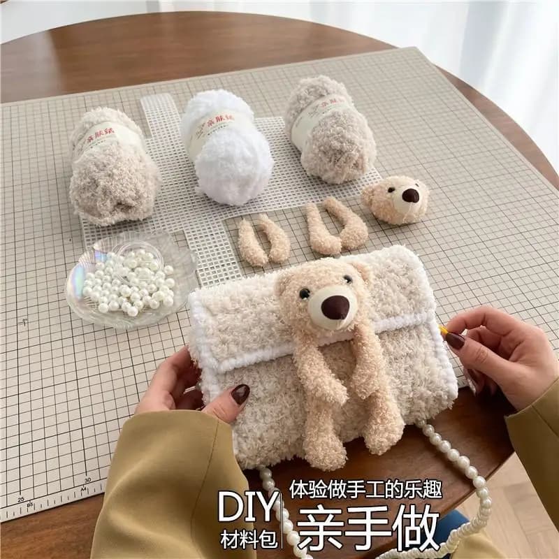 DIY Weaving bag material - Teddy bear plush bag - Hand-sewn homemade hand-woven coral fleece mesh bag