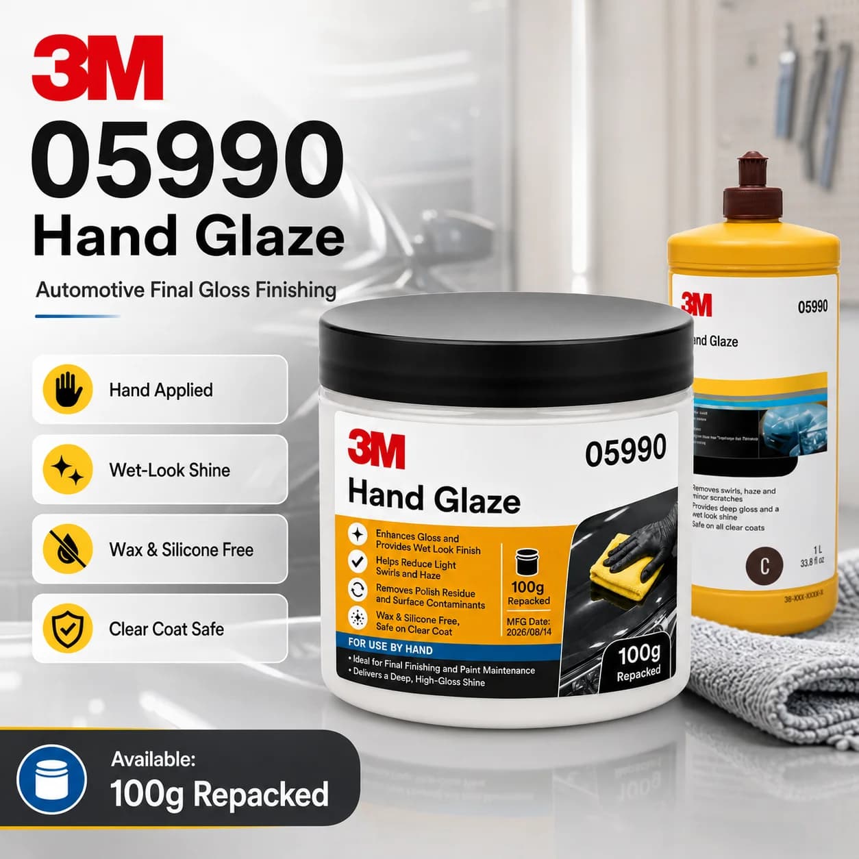 3M 05990 Hand Glaze High Gloss Wet Look Finish Wax Silicone Free for Automotive Paint Clear Coat Car Detailing 100g Repacked