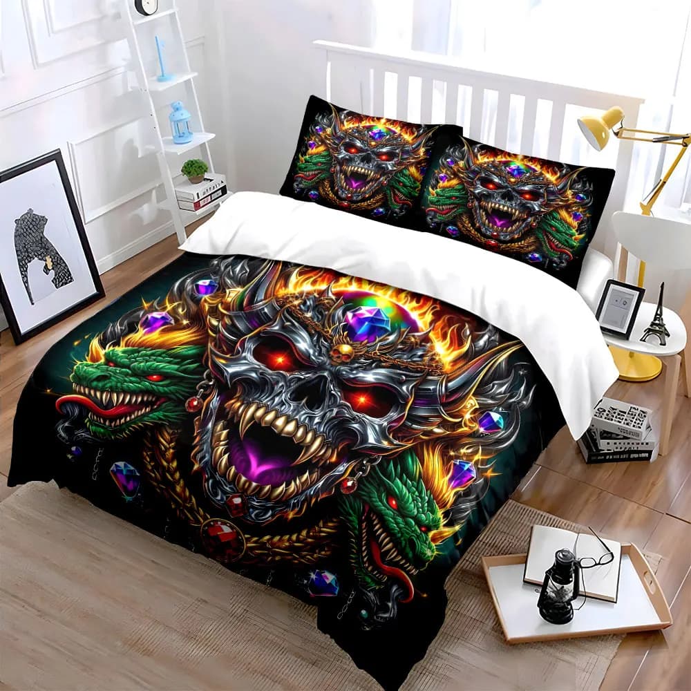 Set decorativo con teschio di drago, set di biancheria da letto morbido e delicato sulla pelle, include 1 copripiumino e 2 federe, regalo