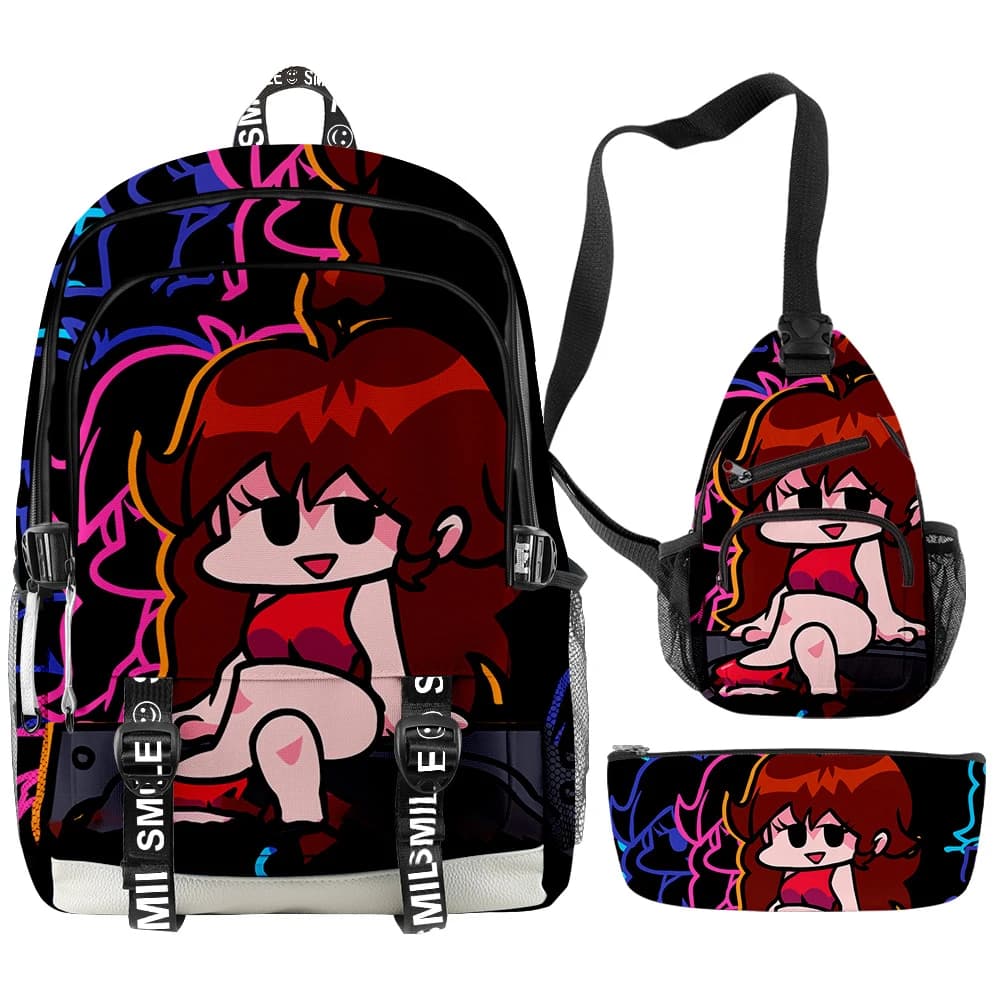Classic set of 3 school bags for students printed in 3D Friday Night Funkin, multifunction travel backpack, shoulder bag, pencil case