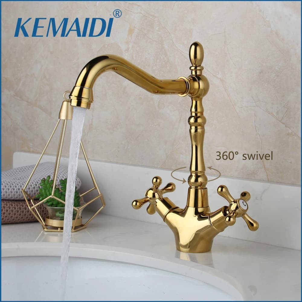 KEMAIDI Gold rubinetto per lavabo da bagno in ottone monoforo rubinetti montati sul ponte 360 miscelatore girevole a doppia maniglia in ottone antico