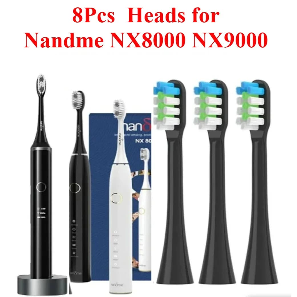8 testine di ricambio per spazzolino elettrico con setole morbide DuPont per Nandme NX6000-W12 NX8000 NX9000 Sonic Electric Toothbrus bianco nero