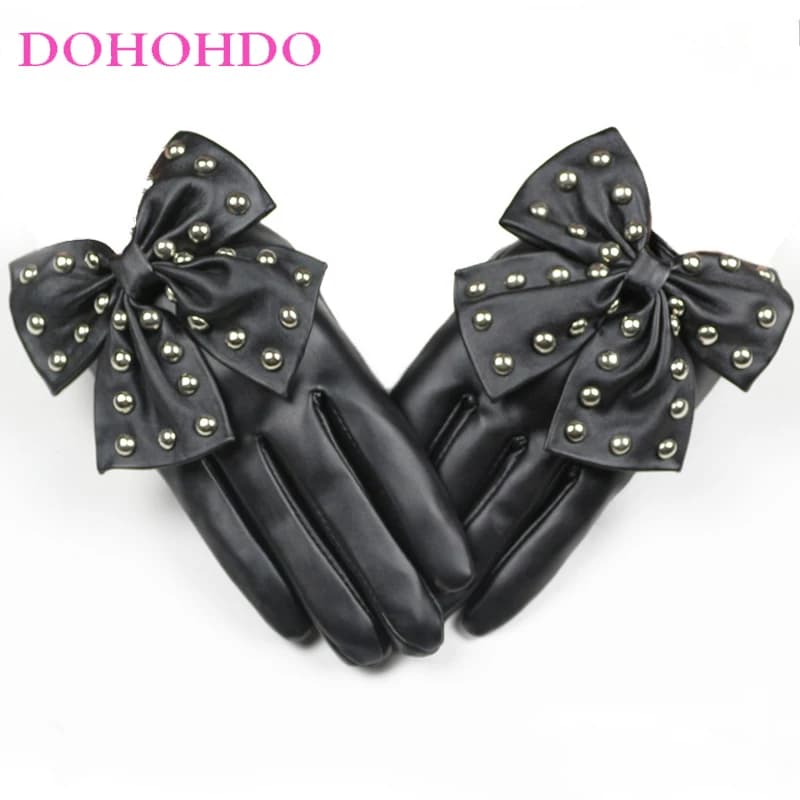 Guanti da moto da donna con design a fiocco grande in pelle nera con rivetti Guanti durevoli da esterno con dita intere in ecopelle PU moda