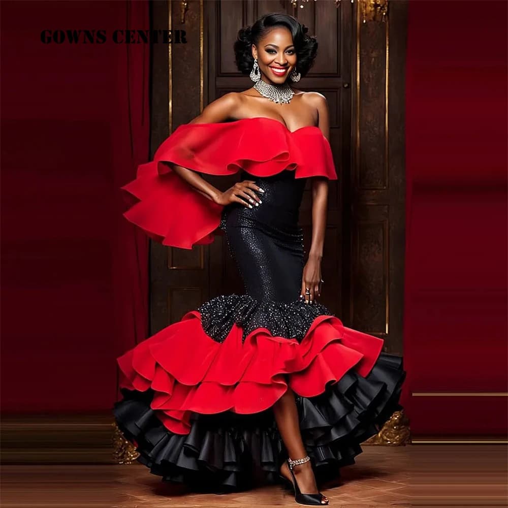 Splendidi abiti da sera con volant increspato nero e rosso 2025 per eventi speciali Perline Aso Ebi Style Sirena Festa africana personalizzata