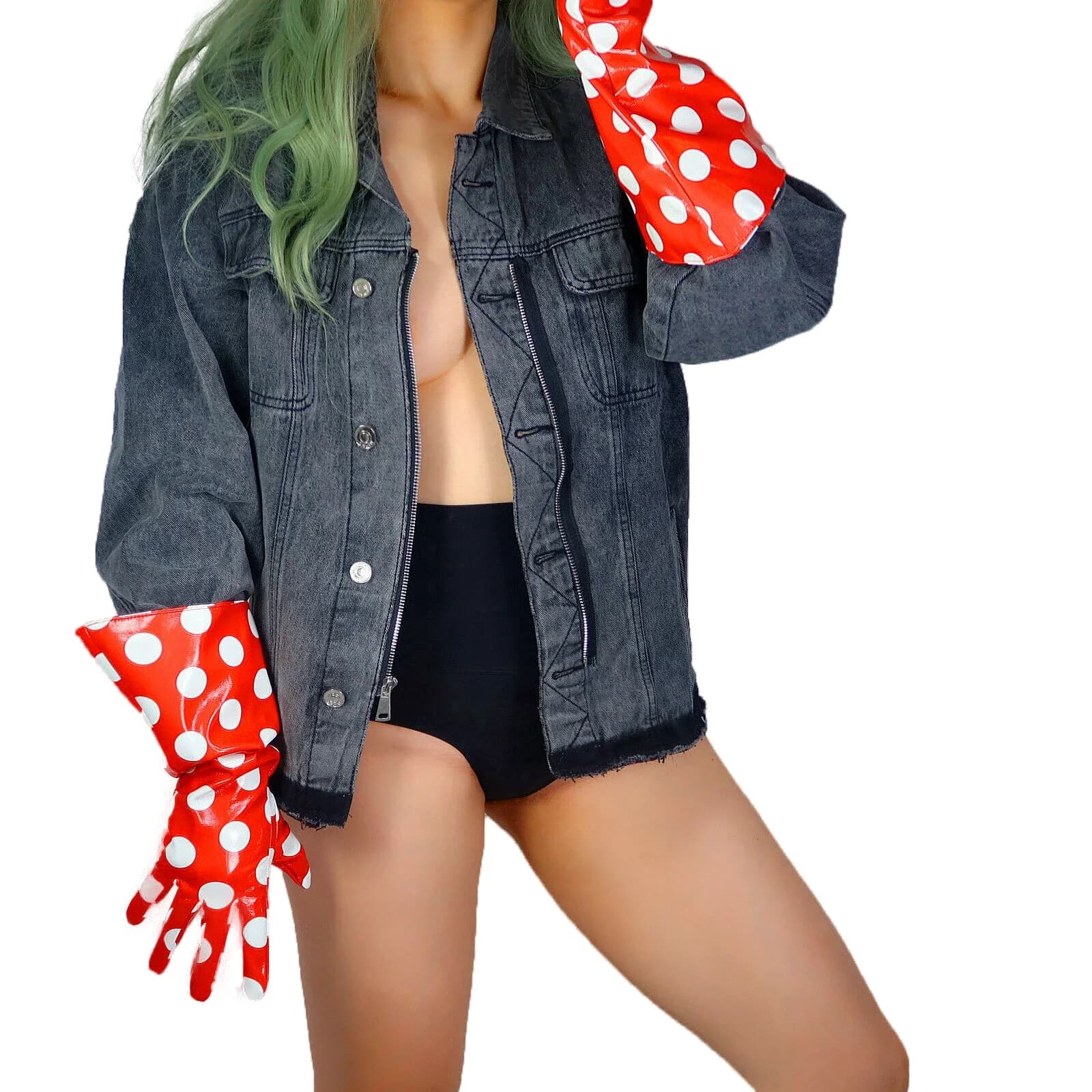 DooWay Guanti unisex rossi a pois da 38 cm con maniche larghe in LATTICE oversize in finta pelle verniciata da sera, cosplay, guanti natalizi
