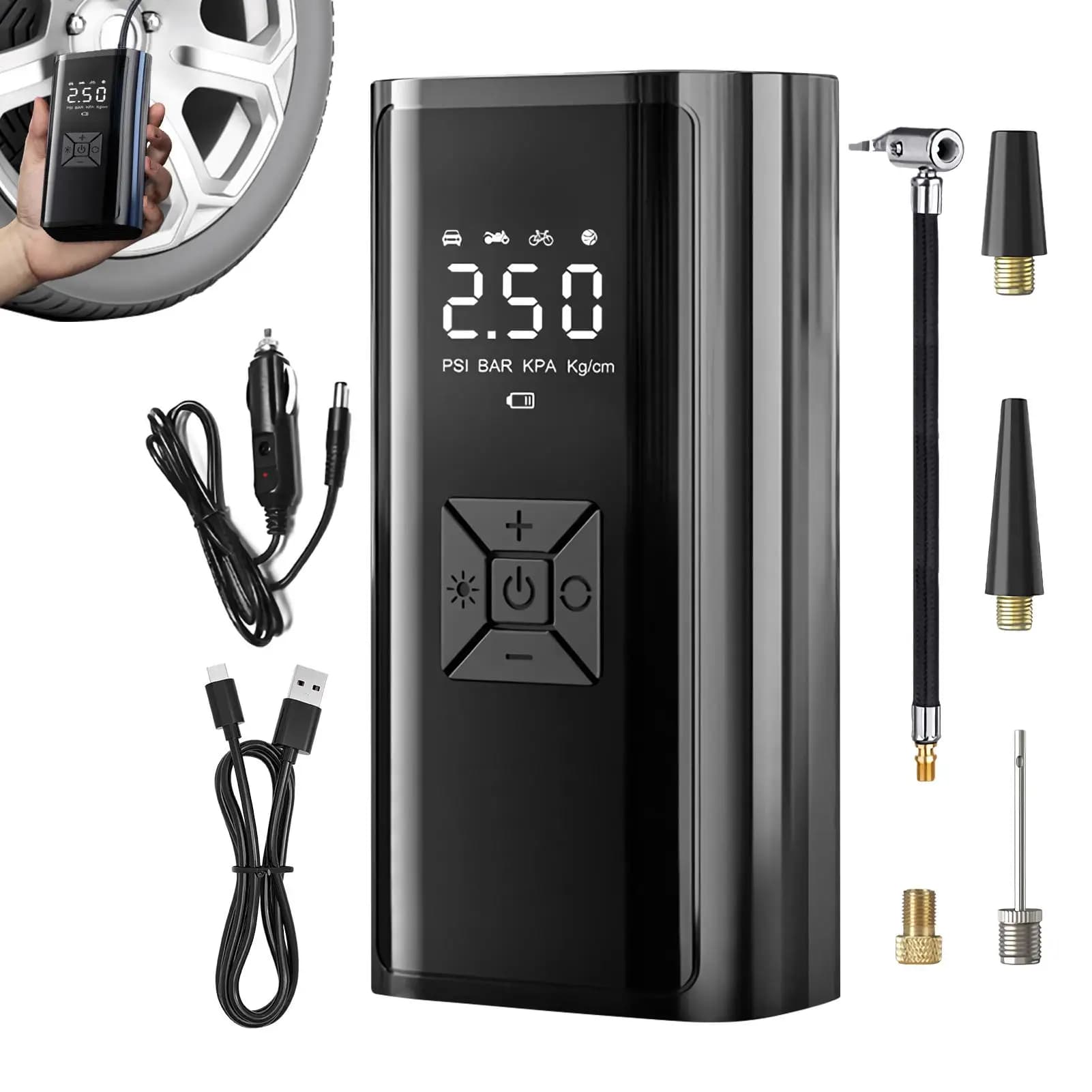 Compressore d'Aria per Auto, Gonfiatore Pneumatici, Dispositivo di Gonfiaggio Elettrico per Auto, Moto e Biciclette