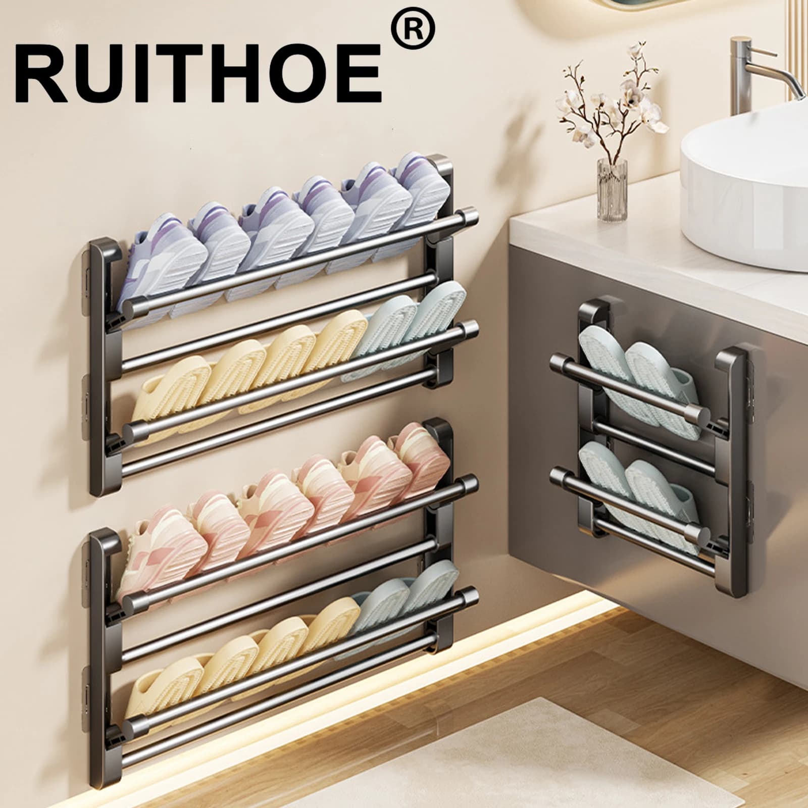 Bathroom Slipper Rack Wall-Mounted Non-Punching Toilet Door Shoe Rack Drain Multi-Functional Folding Shoe Storage Rack