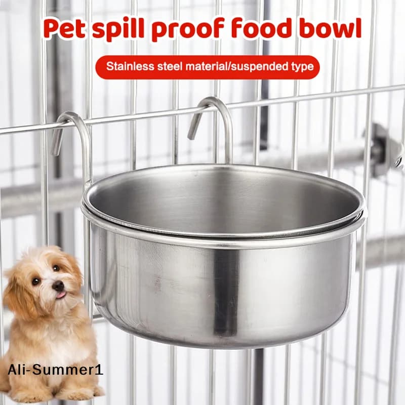 【E】Crate Ciotola per gatti per cani Ciotola per gabbia per animali domestici sospesa in acciaio inossidabile Alimentatore per acqua per cibo Tazza per cuccioli di gatto Uccelli Ratti 5 dimensioni