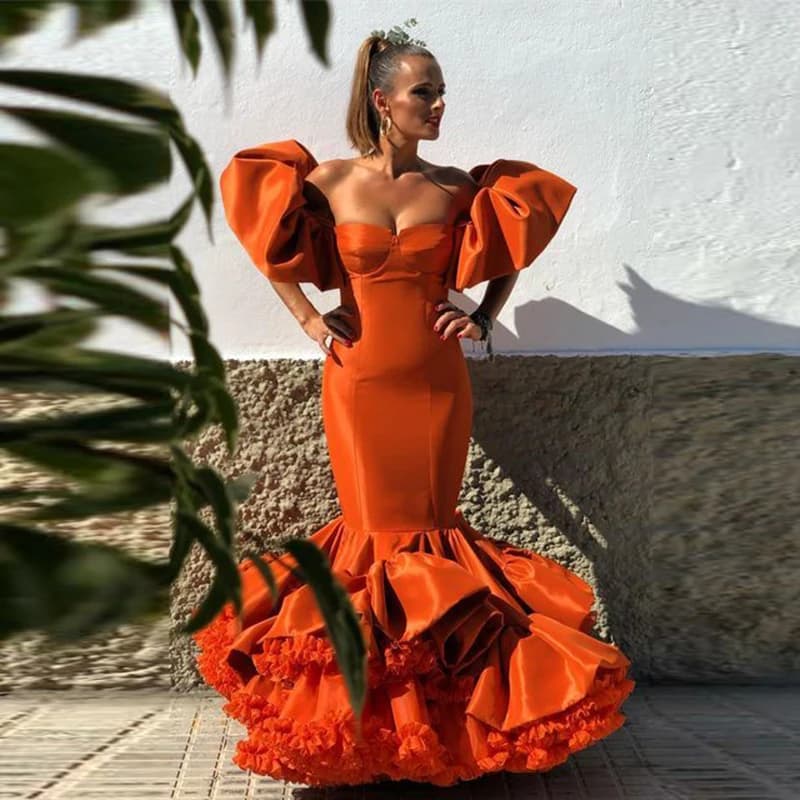 Abiti da ballo arancioni con spalle scoperte abiti da sera a sirena con volant a strati abito da festa per occasioni formali da donna Robe De Soiree
