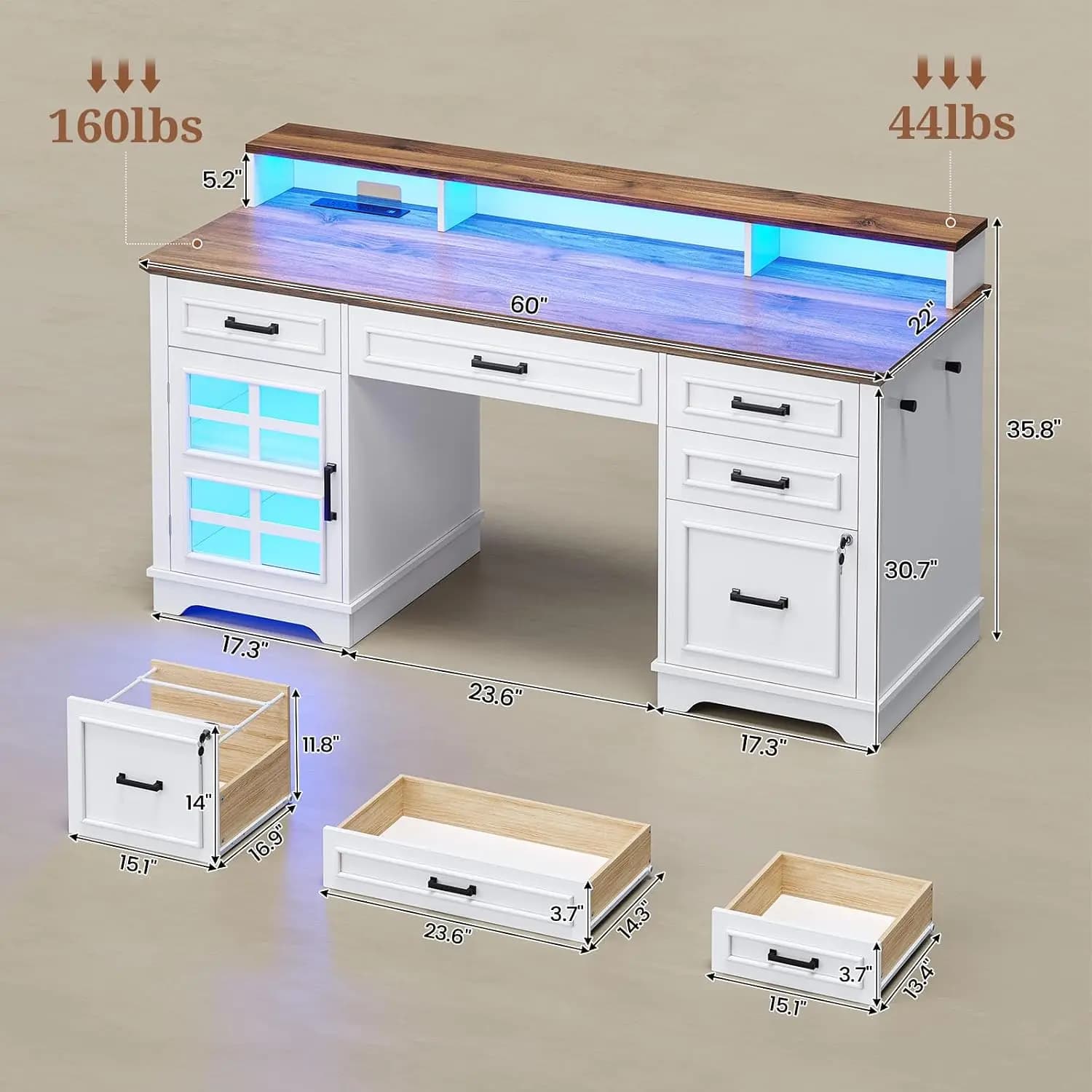 Farmhouse Executive Desk with Drawers, Power Outlet & LED Light, Wood Computer Desk with Monitor Stand, White, Customized