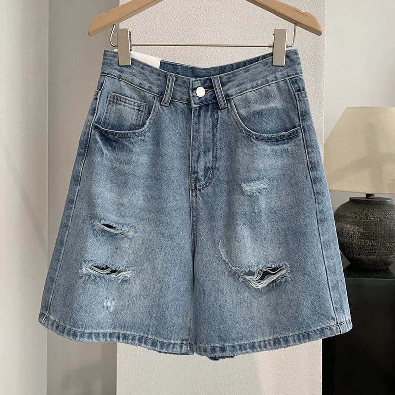 Pantaloncini in denim da donna, jeans vintage a vita alta, modello dritto, larghi, stile Y2K streetwear, con strappi, casual estivi 2026