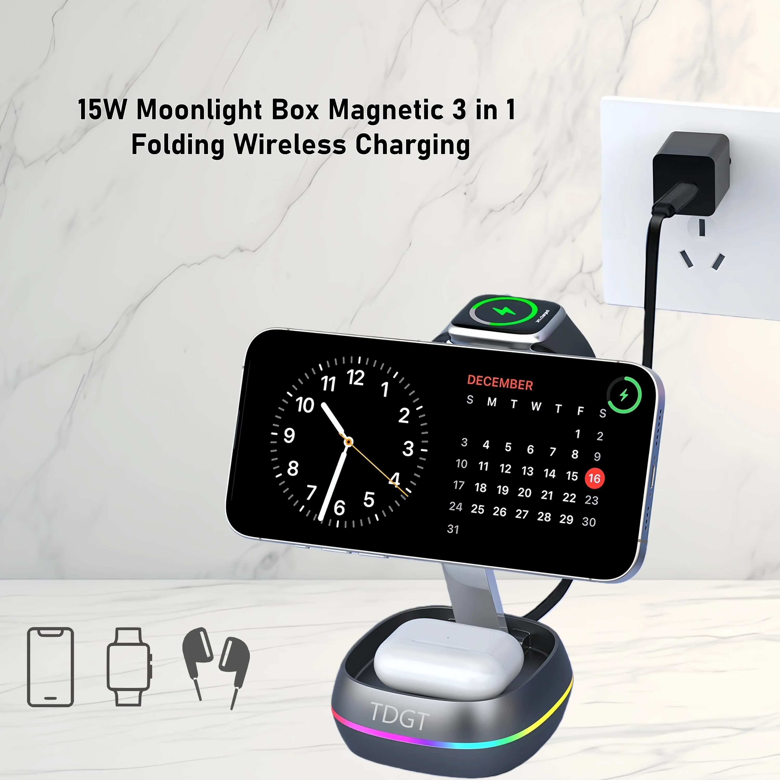 TDGT 3 In 1 Magnetic Touch Button Wireless Charger For Phone Watch Airpods Fast Charging Dock Station
