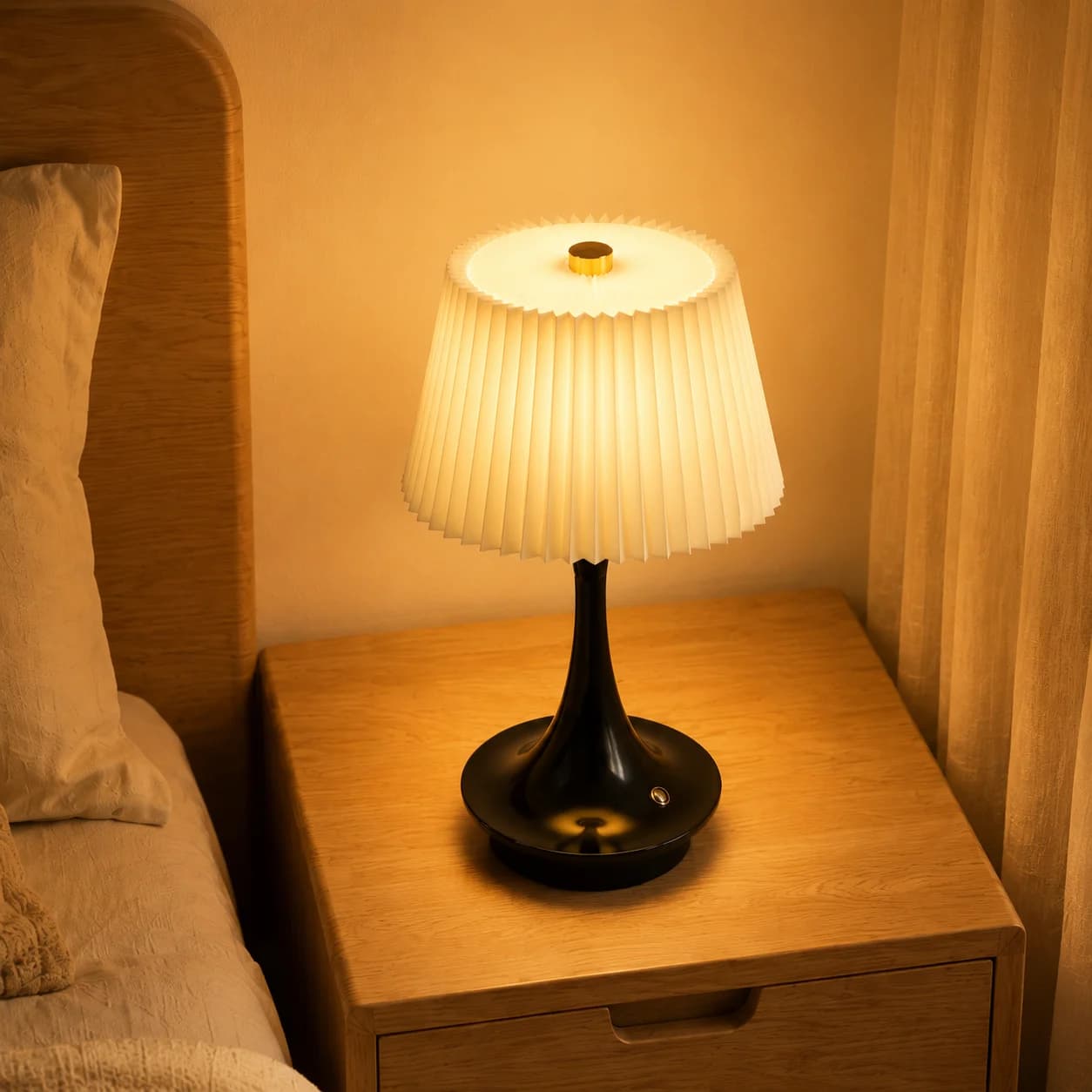 Modern Pleated Fabric Table Lamp Three-Color Lights Wireless Rechargeable Touch Control Decorative Lamp for Cafe Home Decor