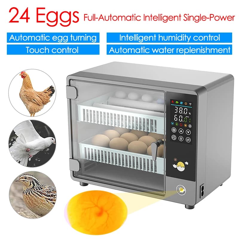 24 Incubatrice per uova Touch completamente automatico Controllo della temperatura Incubatrice per fattoria Pollo Anatra Quaglia Allevatrice per uccelli Incubatrice per uova