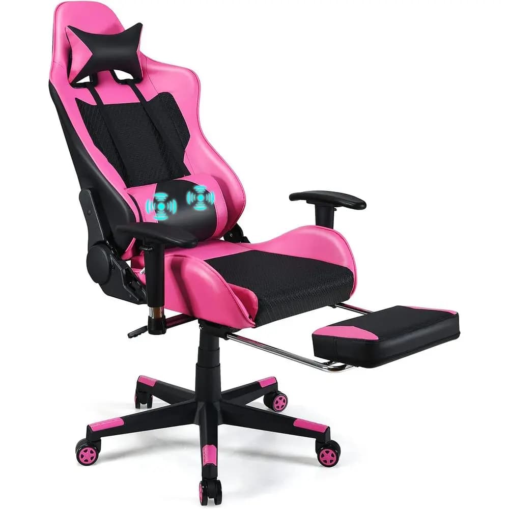 Sedia da Gaming Ergonomica Rosa con Supporto Lombare Massaggiante e Reclinabile in Pelle per Appassionati di Esports