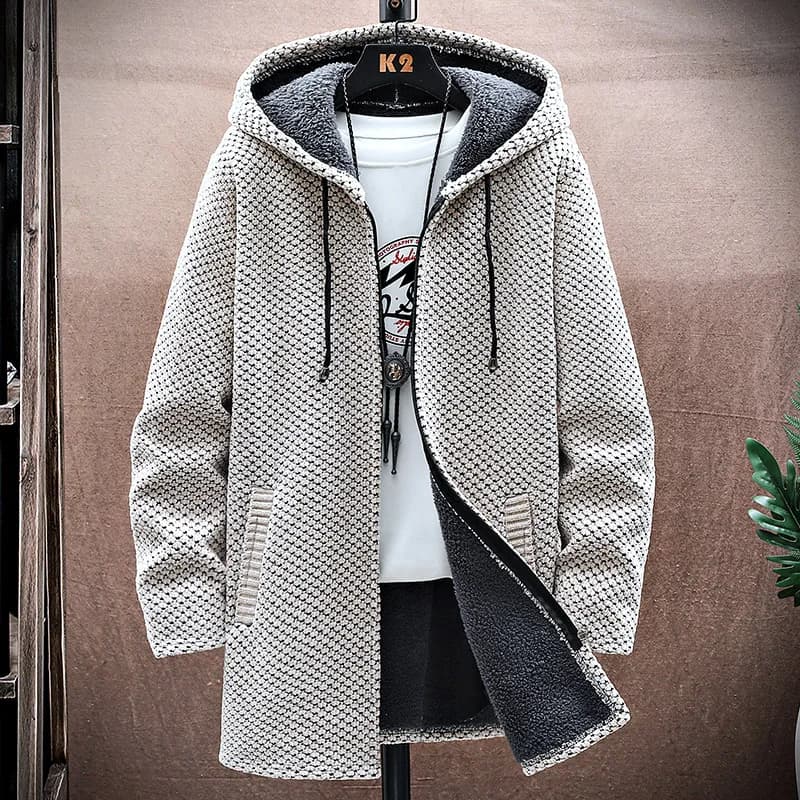 Cardigan da uomo Cappotto lungo in cashmere Maglioni con cappuccio Autunno Inverno Nuovo pile caldo solido Cappotto maglione Giacca a vento Abbigliamento uomo