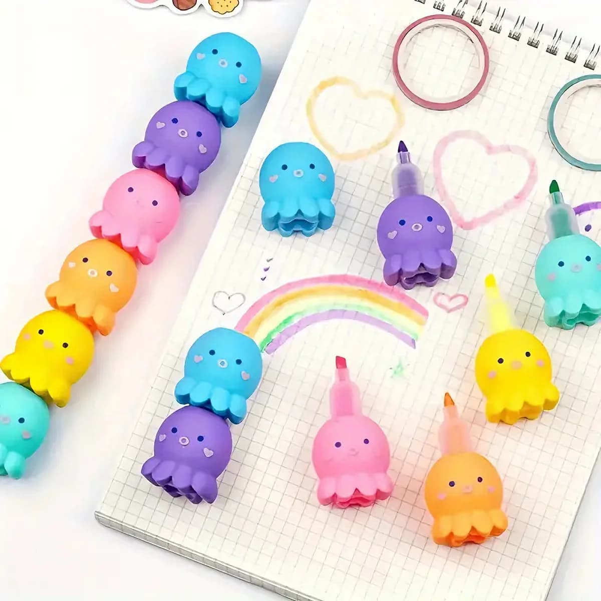 1 pz Evidenziatore a forma di polpo 5-in-1, Design simpatico a cartone animato, Pennarelli dai colori vivaci, Cancelleria adorabile per studenti