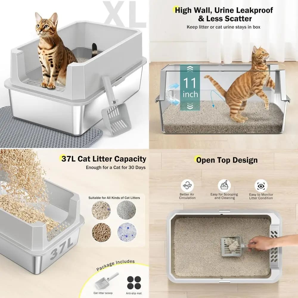 Lettiera per Gatti in Metallo Extra Large con Coperchio, Bordi Alti, Anti-Perdita, Facile da Pulire, Include Paletta