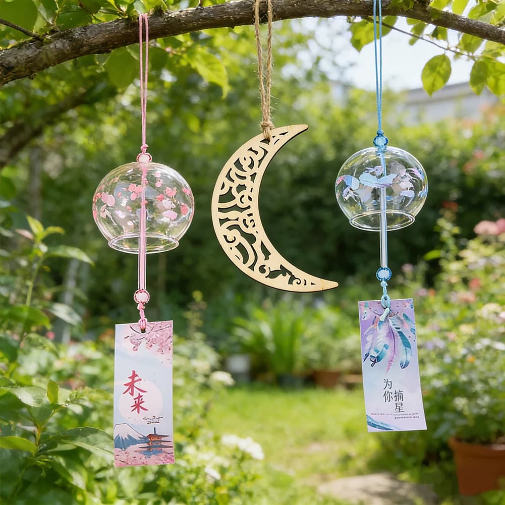 Transparent Spherical Glass Wind Chime Crescent Pendant Wooden Openwork Lucky Charm Summer Outdoor Decorative Hanging Ornament