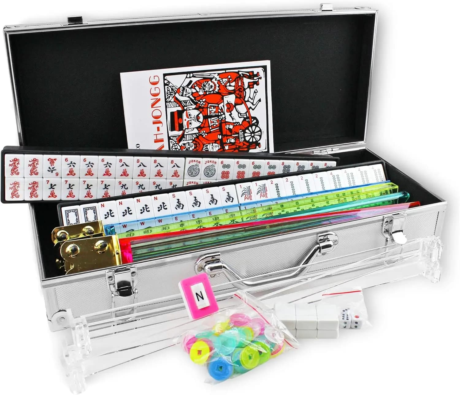 Set Mahjong Americano 166 Tessere in Valigetta di Alluminio, 4 Spintori Completi