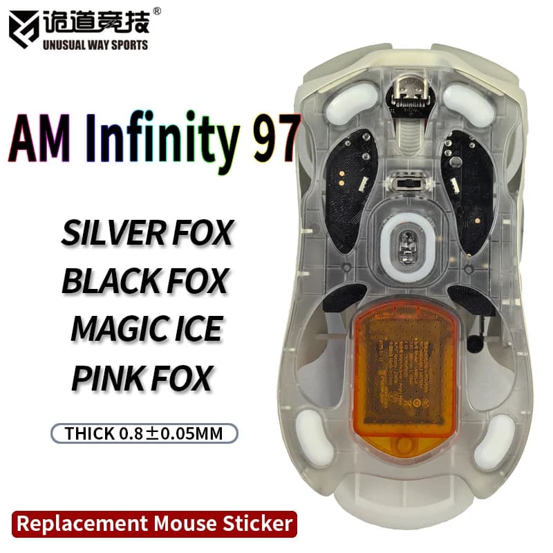 Pattini per Mouse UnusualWaySports Angry Miao AM Infinity 97 con Superficie Curva in PTFE Anti-Collapse Magic Ice Rosa Nero Argento Volpe