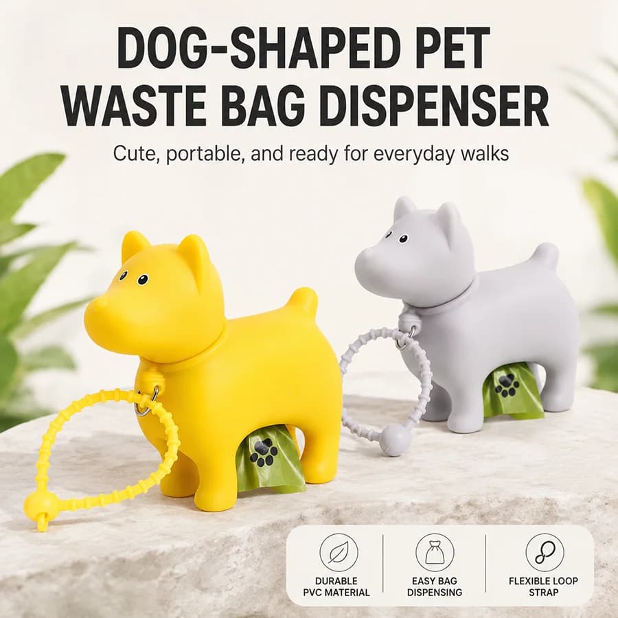 Dog Poop Bag Holder PVC Dog Shape Waste Bag Dispenser Clip-on Leash Backpack Portable Pet Cleanup Box for Outdoor Walks Trips