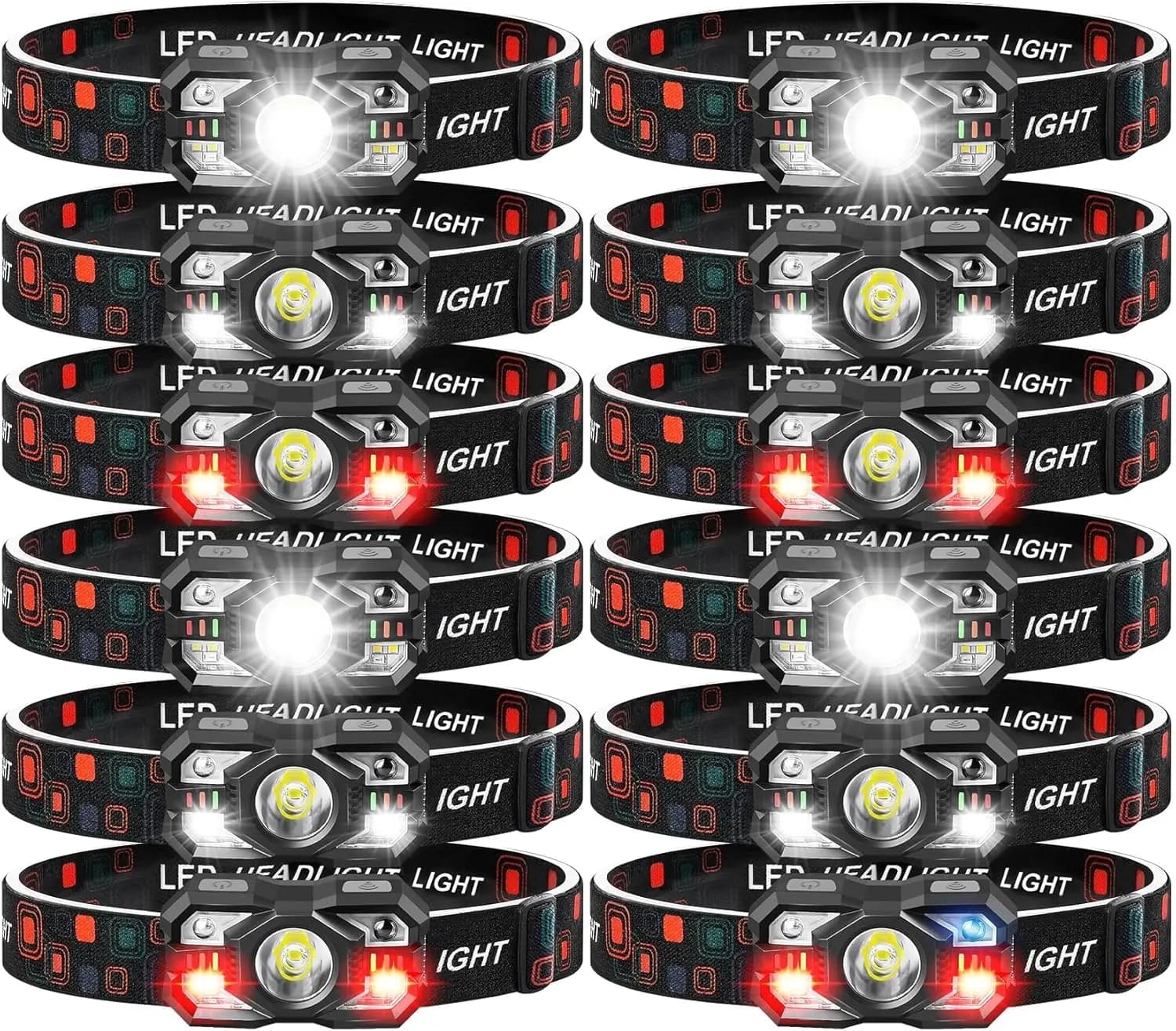 Set di 12 Lampade Frontali Ricaricabili, LED Ultra-Luminosi da 3000 Lumen con Luce Bianca/Rossa per Campeggio, Pesca, Corsa, Escursionismo