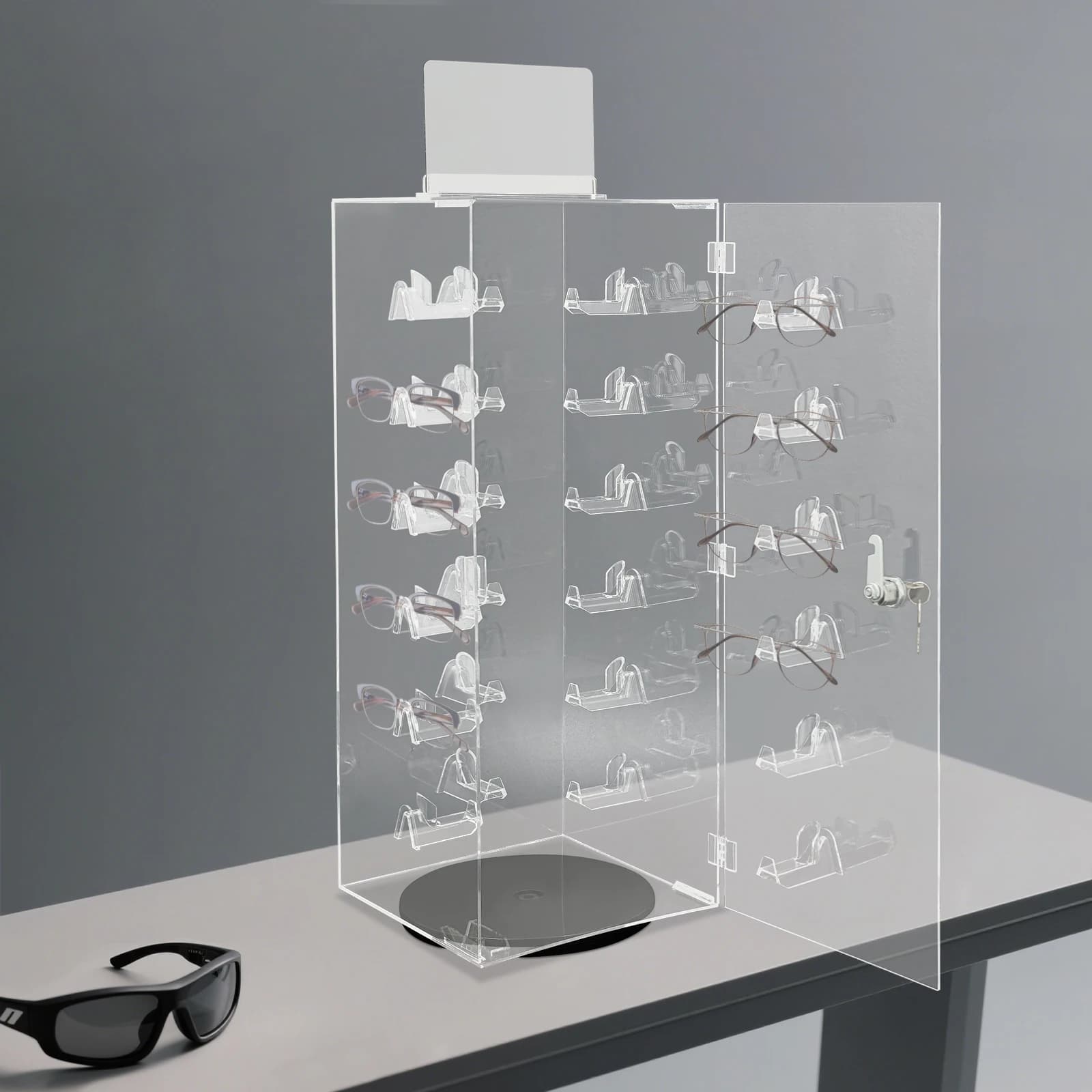 Sunglasses Showcase with Lock Acrylic Sunglasses Showcase for Rotating Sunglasses