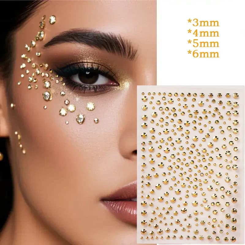 Strass 3D per Trucco Viso, Gioielli Dorati Luminosi per il Viso, Adesivi per Occhi, Glitter Adesivi per il Corpo