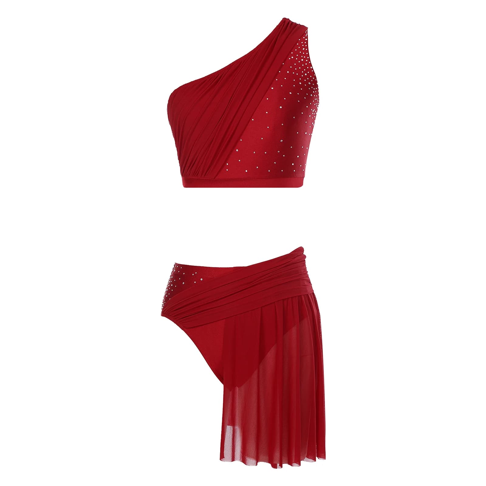 Donne Moderne Danza Lirica Pattinaggio di Figura Balletto Ginnastica Vestito Strass Lucidi Crop Top con Slip con Gonna a Rete Dancewear
