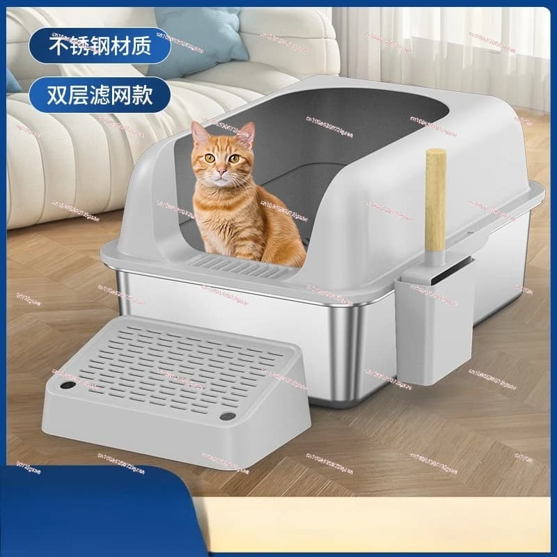 Lettiera per gatti in acciaio inossidabile, resistente agli spruzzi, facile da pulire, durevole, con filtro a doppio strato, con raccoglitore per lettiera