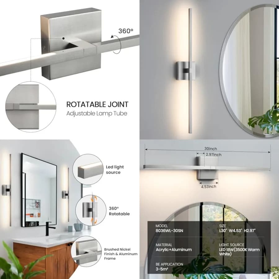 Lampade per Specchio da Bagno - Luci Dimmerabili per Bagno Sopra Specchio, Barra Luminosa LED 18W 3500K, Applique da Parete Moderna