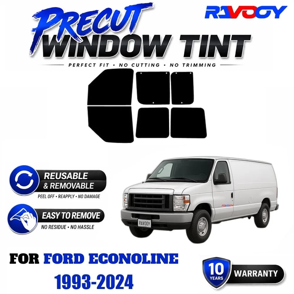 RAVOOY Precut Window Tint, Reusable Removable EPU Film, Custom Fit for Ford Econoline 1993-2024, UV Heat Protection