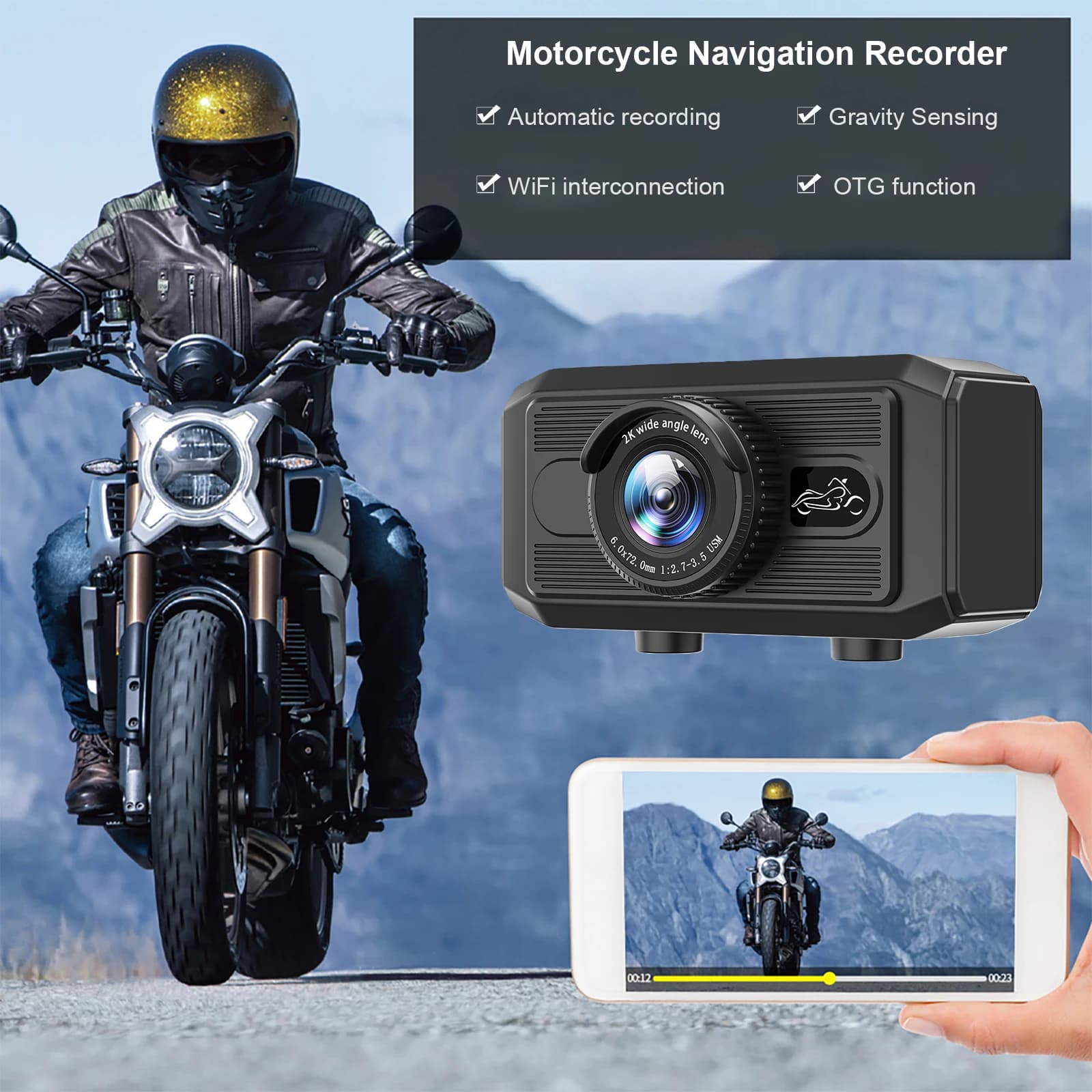 DVR WiFi 2K camera for Moto, Waterproof, with Sensor G and Parking Mode, Video Recorder for Motorcycles and Electric Vehicles