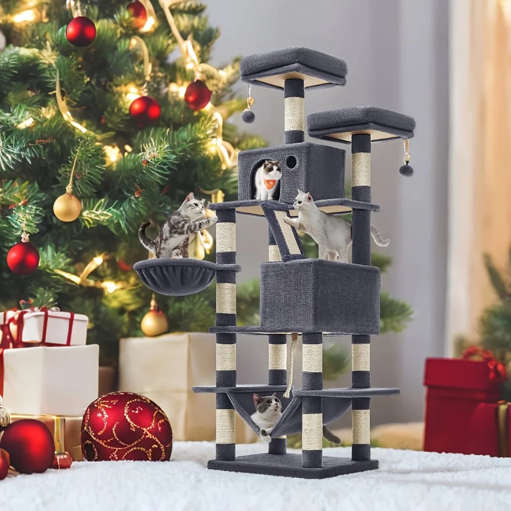 per Cat Tree, 66. Torre per Gatti Grande da 1 Pollice con 13 Posti per Tirare, 2 Poggiapiedi, 2 Grotte, Cesto, Amaca, Pompon, Multi-Livello