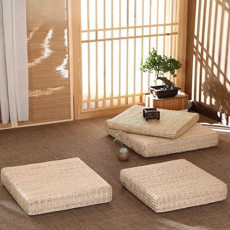 Natural Straw Tatami Cushion Japanese Style Meditation Yoga Mat or Floor Cushion with Square Pouf for Living Room and Bedroom
