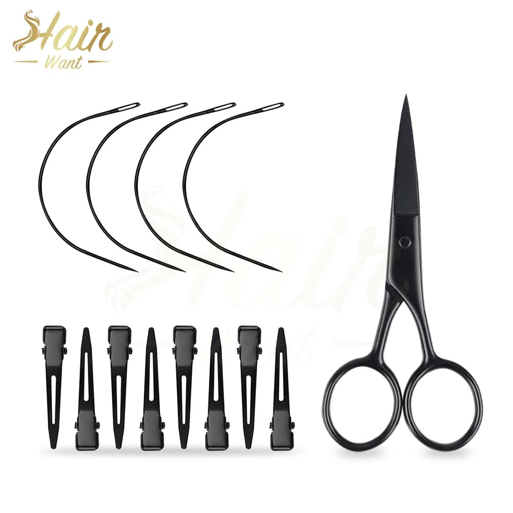 Forbici curve multifunzione in acciaio inossidabile Hair Want con fermagli per capelli per cucire extension a trama - Strumenti per cucito