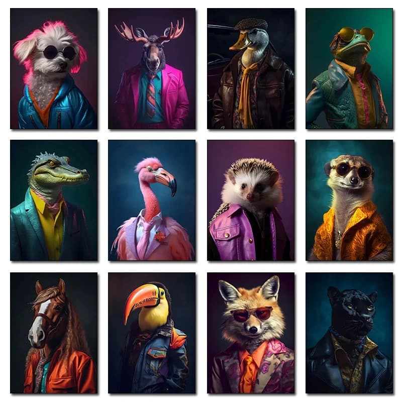 Fashion Suit Animal Panda Horse Frog Fox Chicken Crocodile Panther Poster Diamond Painting for Living Room Home Decor Cuadros