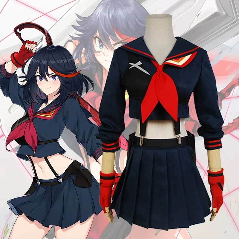 Costume Cosplay di Ryuko Matoi da Kill la Kill, Uniforme Scolastica Stile Goku, Outfit da Ragazza con Colletto da Marinaio Rosso, Cintura e Stivali per Donne, Halloween