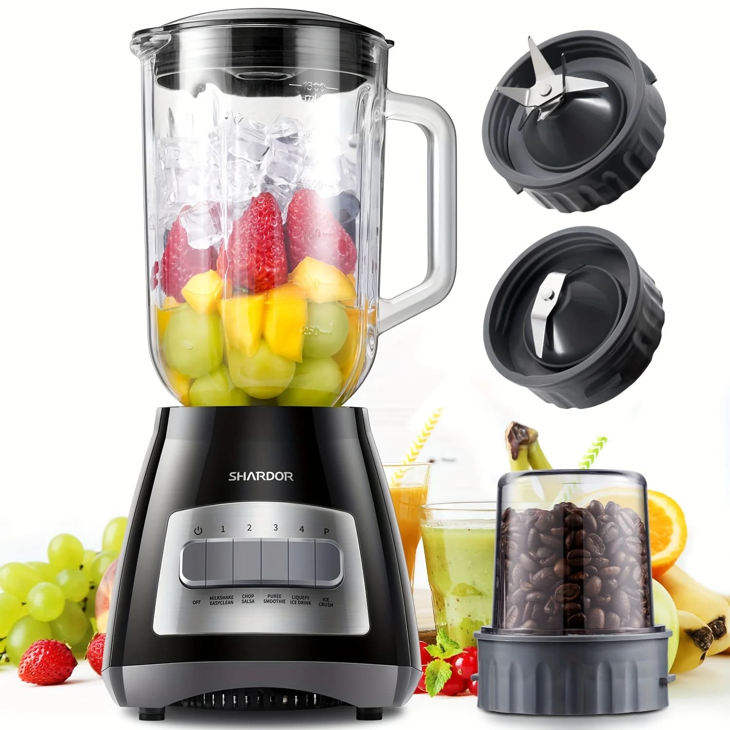 Smoothie Blender with 52 oz Glass Jar – 9-in-1 Countertop Blender & Grinder Combo | 5 Adjustable Speeds for Blending Shakes, Pureeing Fruits, Crushing Ice, Chopping Nuts, Making Sauces, Grinding Spices, Mixing Batters, Preparing Baby Food, and More | 700W
