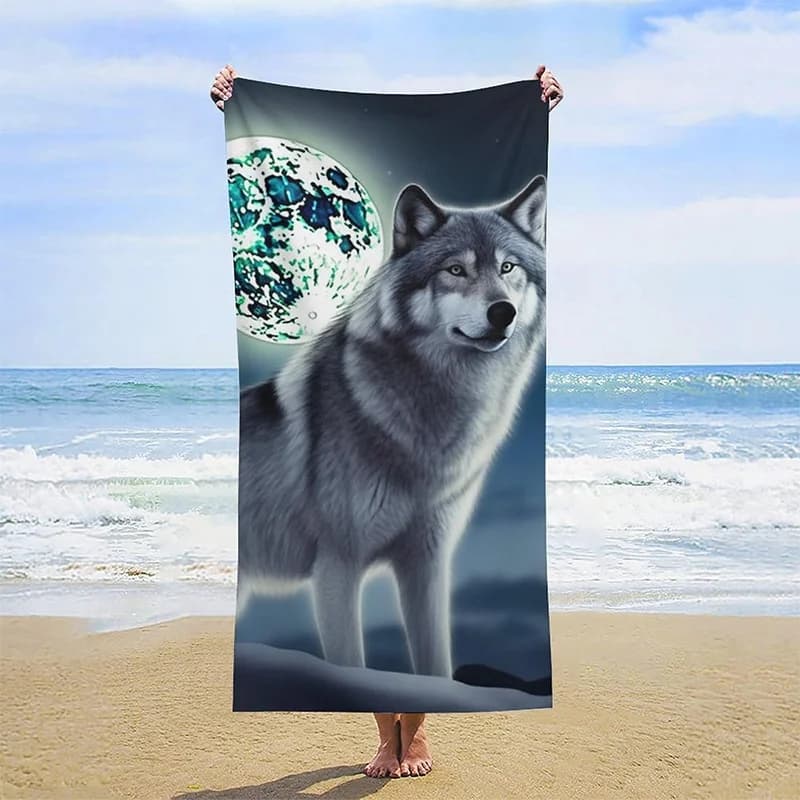 Asciugamano da spiaggia Asciugamano da spiaggia lupo e luna con protezione solare fantasia e antivento adatto per piscina, campeggio, coperta da viaggio