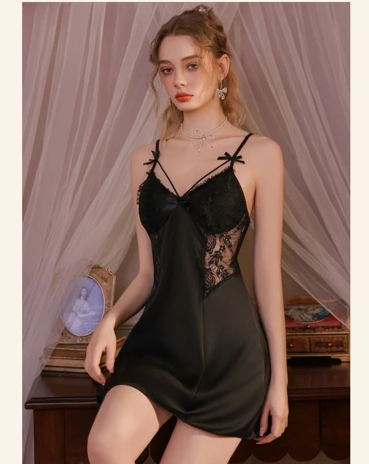 Summer Alluring Purely Charming Lace Smooth Nightgown Bra Pads Strappy Sleep Pajamas Plus T- Back Panties Cozy Homewear 2pcs