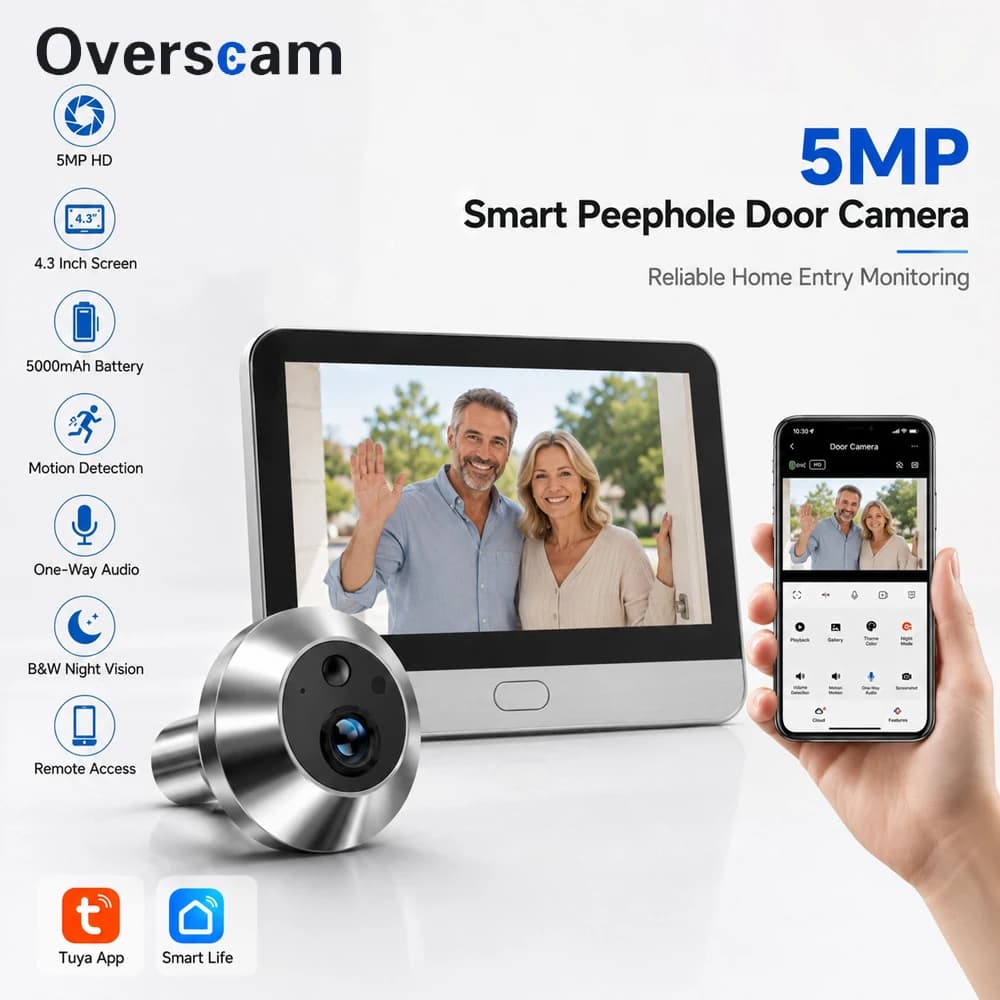 Videocitofono WiFi Tuya con Telecamera FHD 5MP, Schermo da 4.3 Pollici, Rilevamento Movimento PIR, Campanello Intelligente per la Sicurezza Domestica
