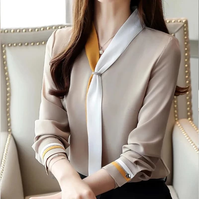 Autumn office shirts Vintage Chiffon long sleeves Casual Solid top wide elegant v-neck womanwear Blusas Mujer 7188