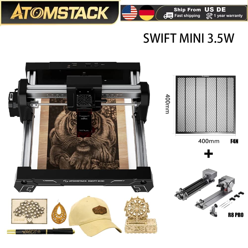 AtomStack Swift Mini Macchina per Incisione Laser CNC con Piano a Nido d'Ape/Rullo per Fai-da-Te su Legno e Metallo per Casa e Piccole Imprese