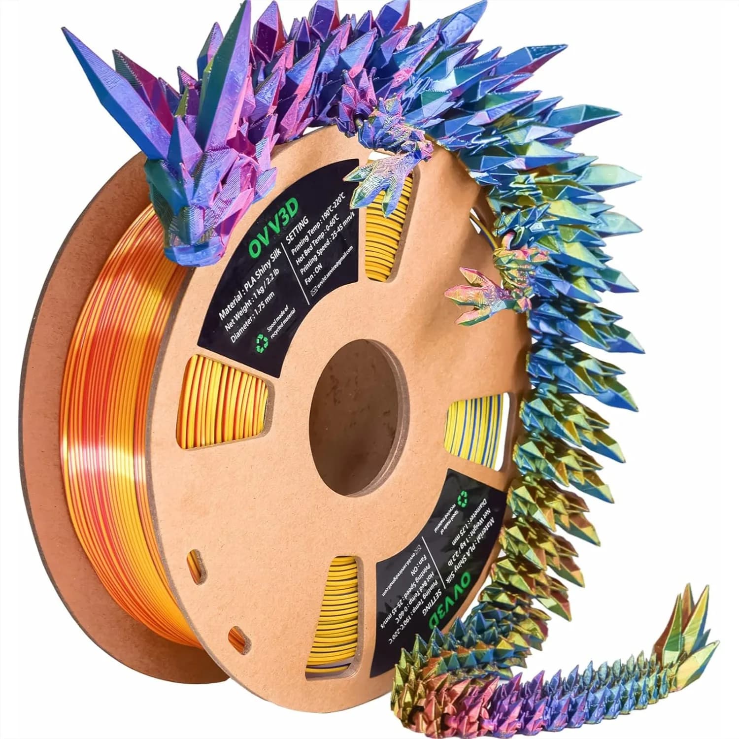 Filamento PLA Seta Arcobaleno Tricolore 1.75mm 1kg, Filamento per Stampante 3D con Coestrusione Rosso Giallo Blu, Superficie Liscia e Lucida per 3D