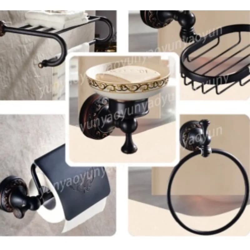 Black Brass Wall Mount Bathroom Accessories Set with Clothes Hooks Toilet Paper Holder and Useful Towel Bars