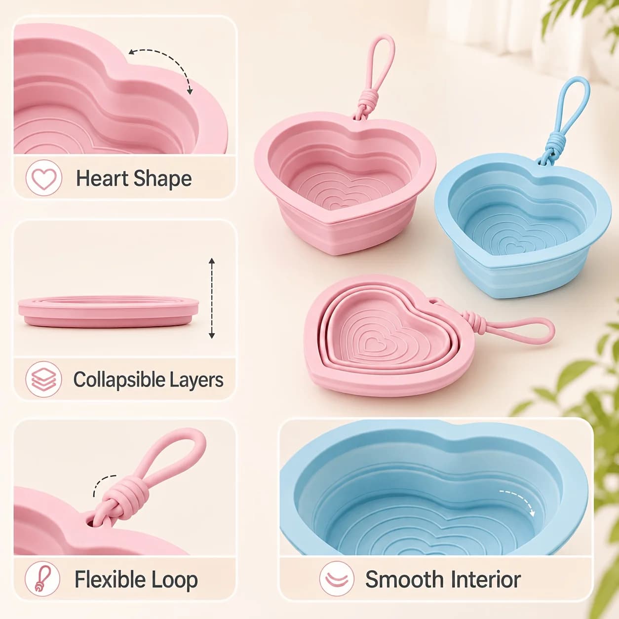 11.83oz Foldable Silicone Pet Bowl Heart Shaped Portable Dog Cat Food Water Bowl With Handle Pink & Blue Optional For Walking Tr