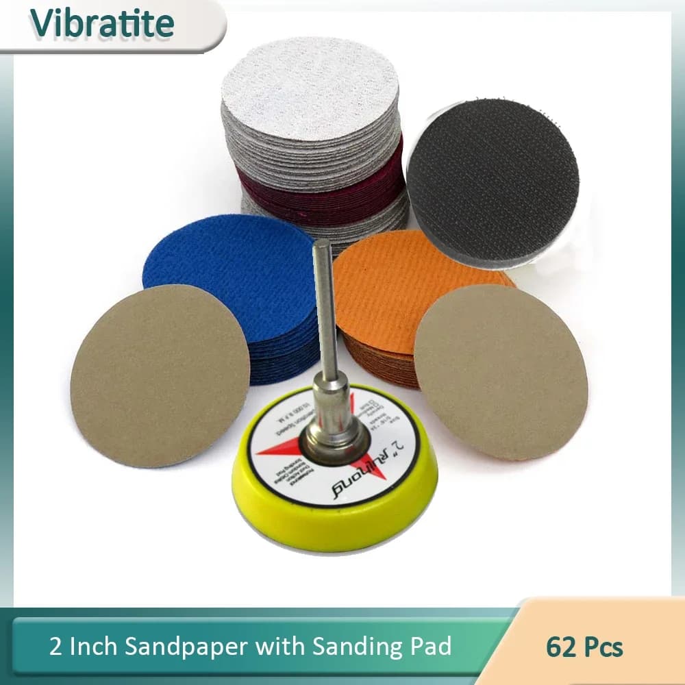 62pcs 2 Inch 50mm Waterproof Sandpaper Sanding Disc Hook Loop Sanding Pad 3mm Shank Soft Interface Pad for Grinding Wood Metal