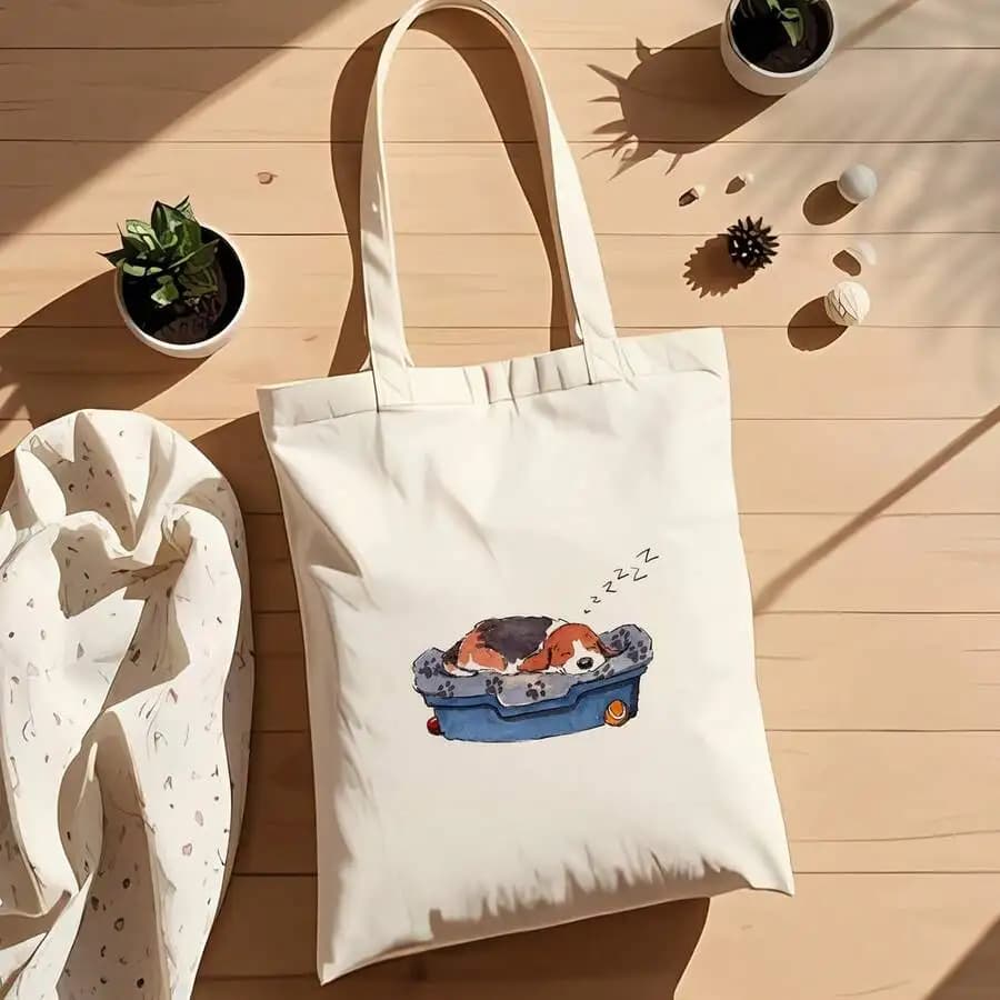 Cute Sleeping Dog Cartoon Print Canvas Tote Bag Large Capacity Reusable Shoulder Bag For Shopping Beach Travel